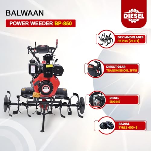 Image of Balwaan Krishi 247cc 4-Stroke Diesel Engine Power Weeder | High Power, Economical Fuel Consumption| Ideal for Weeding | 40 inch Working Width | Free Engine and Gear Oil Bottle | (Red & Black) BP-850