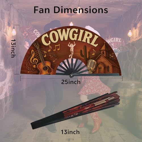 Image of Cowgirl Fans for Line Dancing, 13inch Large Hand-held Flat Fan Western Style Popping Fan for Party, Festival, Club, Dancing