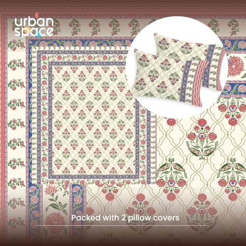 Image of Urban Space 100% Cotton Jaipuri Handblock Premium Printed King Size Bedsheet with 2 Pillow Covers, 240 TC Cotton King Bedsheet (108 x 108 Inches, Amberjaal Pink)