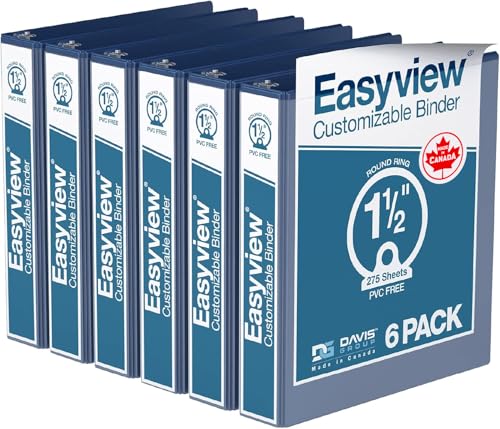 Image of Easyview 3-Ring Binder, Clear-View Cover, 1.5 inch Round Rings, Royal Blue 6 Pk | Heavy-duty binder, fits 8.5 inch x 11 inch paper, customizable cover, made in Canada, ideal for school or office use