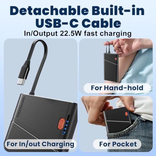Image of Aaoyun 10000mAh Portable Power Bank, 22.5W PD Fast Charging Battery Pack with Built-in USB-C Cable, Ultra-Slim External Phone Charger for iPhone 17 /16 /15, Samsung Galaxy S24, Android (Black)