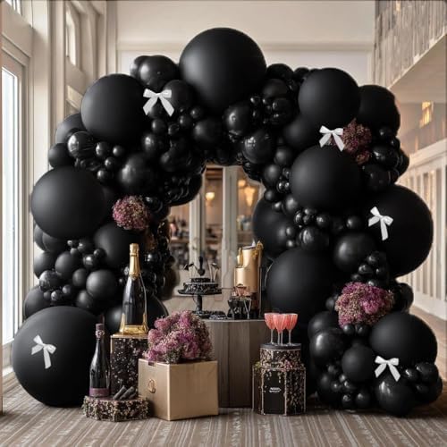 Double Stuffed Black Balloon Different Sizes Matte Black Latex Balloon Arch Garland Kit 5/12/18 Inch with White Bow for New Year Birthday Wedding Anniversary Graduation Party Decorations