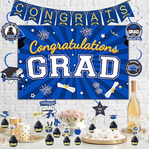 Image of Graduation Decorations 2025 Blue and Gold Class of 2025 Congrats Grad Backdrop Banner for Graduation Party