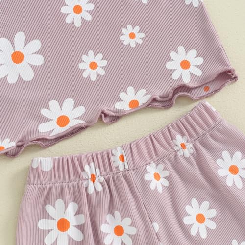 Image of Ayalinggo Baby Girl Summer Outfits Short Sleeve Lettuce Trim Floral Tops + Shorts Set Infant Clothes