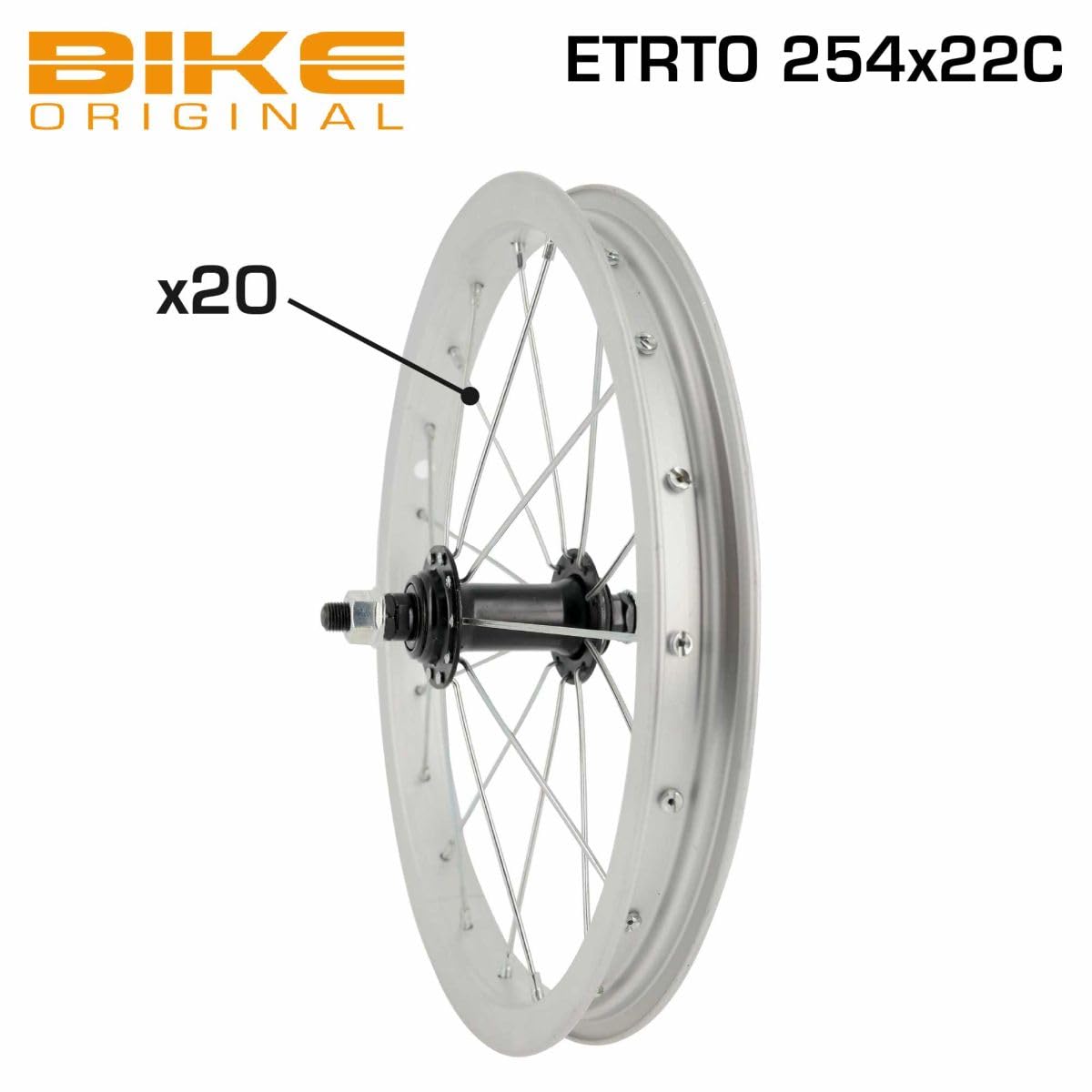 BIKE ORIGINAL - Roue Avant 14" - Jante Alu Simple Paroi 20 Trous Argent - Moyeu Noir à Écrous - Freinage sur Jante - Compatible Pneus 35-65 mm - Vélo Enfant