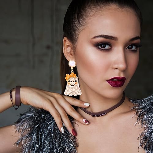 Handmade Spooky Halloween Pearl Drop Dangle Earrings - Pumpkin Ghost Themed Party Jewelry4