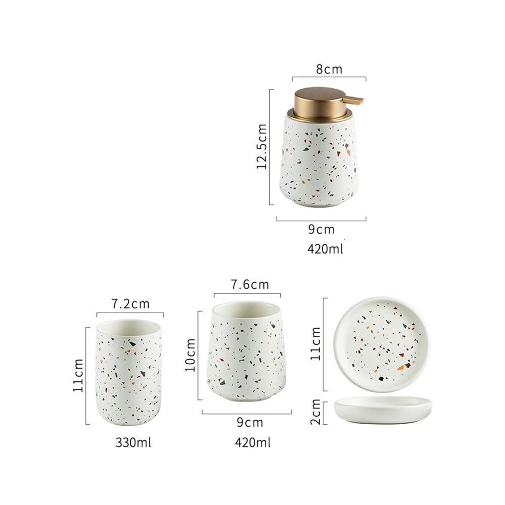 Juego de Accesorios de baño de 4 Piezas: dispensador de jabón espumoso de cerámica con decoración rústica en Blanco, Soporte for Espuma y Cepillo de Dientes/Vaso, Bandeja.