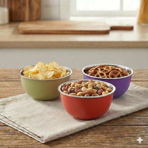 Image of Zaib Stainless Steel Microsafe Bowl (350ml, 12cm) - Insulated Double Wall Serving Dish for Soup, Snacks, Desserts & Festive Treats - Microwave Safe Outside, Steel Inside (Multicolour 3 Pcs)