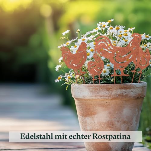 VERDOBA Hühner mit Hahn Gartendeko Rost - Hahn Deko - Hühner Deko Garten mit Rostpatina - Gartenstecker Rost Hühner und Hahn aus stabilem Eisen - Dekohühner Deko für Garten, Balkon & Terrasse