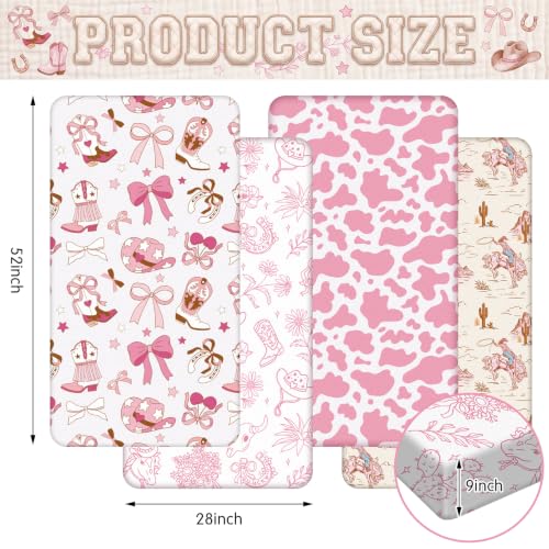 Image of 4 Pcs Pink Western Cowgirl Crib Sheet Set Newborn Bedding Nursery Baby Sheets for Girl Boys Baby Gifts for Standard Crib and Toddler Mattresses, 52 x 28 x 8 Inches