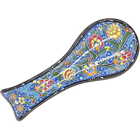 HeraCraft Hand Painted Spoon Rest Coaster - 24.5cm/9.6" inch - Ottoman Tulip Patterned Stylish Kitchen Ontop Counter Ceramic Spoon Holder - Birthday Housewarming etc Best Gift Idea Cover