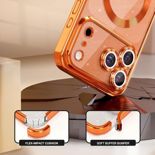 Image of Misscase for iPhone 17 Pro Max Case with Privacy Screen Protector, Built-in Lens Protector, Compatible with MagSafe, Anti-Yellowing Shockproof TPU, Bling Glitter Electroplated Cover 6.9 inch Orange
