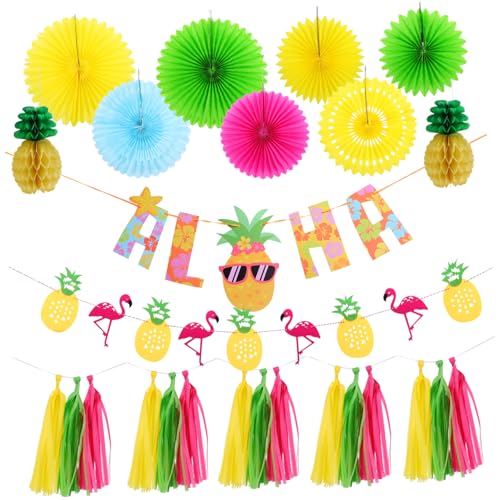 Guirlande flamant et ananas Mikinona avec éventails papier pour fête