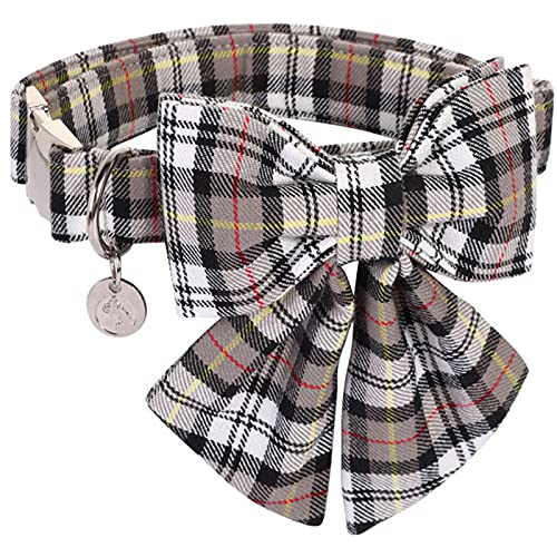 DOGWONG Cotton Dog Collar with Bowtie, Stylish Christmas Red Plaid Dog Collar Adjustable Puppy Necklace for Small and Medium Dogs