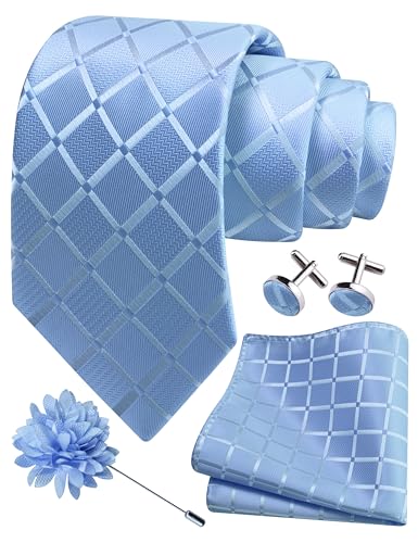 Image of GUSLESON 3.15 inch(8cm) Mens Tie and Lapel Pin Plaid Checkered Necktie Hankerchief Cufflinks Set for Men