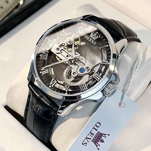 Image of OLEVS Mechanical Dress Mens Watches Square Brown Leather Strap Moon Phase Skeleton Tourbillion Day Date Waterproof Luminous Men's Wrist Watches
