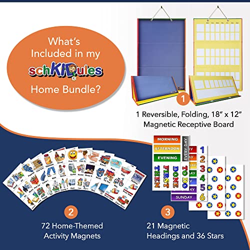 SchKIDules Visual Schedule for Kids Home Bundle: Daily Calendar and Weekly Progress Chart w/18" Reversible Folding Board & 129 Magnets for Visual Supports, Children, ADHD and Autism Schedules