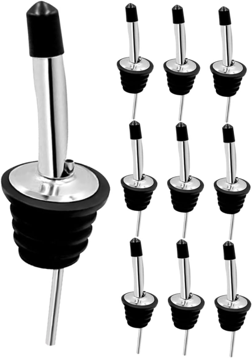 10pcs Stainless Steel Liquor Pour Spouts Set with Black Dust Caps, Weighted Wine and Oil Bottle Pourers for Home Bar, Cocktail, and Party Use