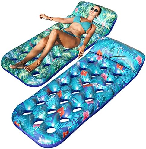 FindUWill Inflatable Pool Floats Raft, 2 Pack Float with Headrest for Adults, X-Large, Cooling Floaties Contour Lounger (Monstera Green & Monstera Blue)