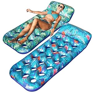 FindUWill Inflatable Pool Floats Raft, 2 Pack Pool Floats with Headrest for Adults, X-Large, Cooling Pool Floaties Contour Lounger (Monstera Green & Monstera Blue)