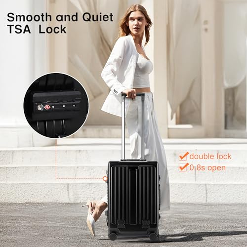 Carry On Luggage 20 Inch, Aluminum Frame Zipperless Luggage, ABS+PC Hard Shell Suitcases, Carry On with Compartment for Short Trips, Suitcase Carry-on TSA Approved (Black)3