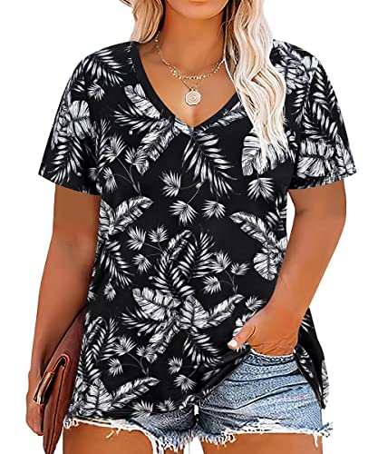 Image of RITERA Women Plus Size Tops Tie Dye V Neck Shirt Floral Camo Summer Short Sleeve Tunic Oversized Ladies Blouse XL-5XL