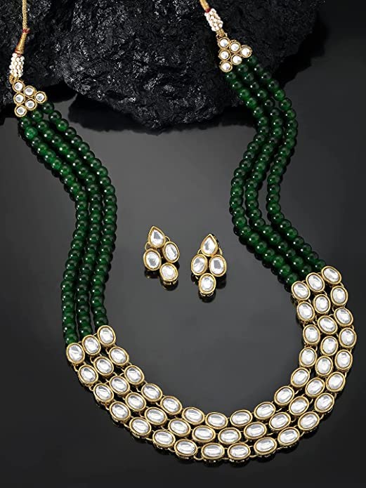 Kundan Studded Layered Pearl Necklace Set with Earrings