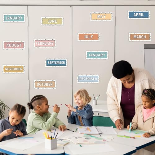 Image of Whaline 12 Pcs Months of The Year Bulletin Board Set Boho Color Monthly Headliners Calendar Month Headers for Back to School Classroom Decoration