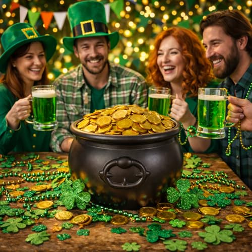 Image of St Patricks Day Coin Pot, 7.5 inch Black Plastic Cauldron Large Pot of Gold Bucket Black Plastic Cauldron For St. Patrick's Day Leprechaun & Mardi Gras Party Table Centerpiece Decoration Supply Accessory