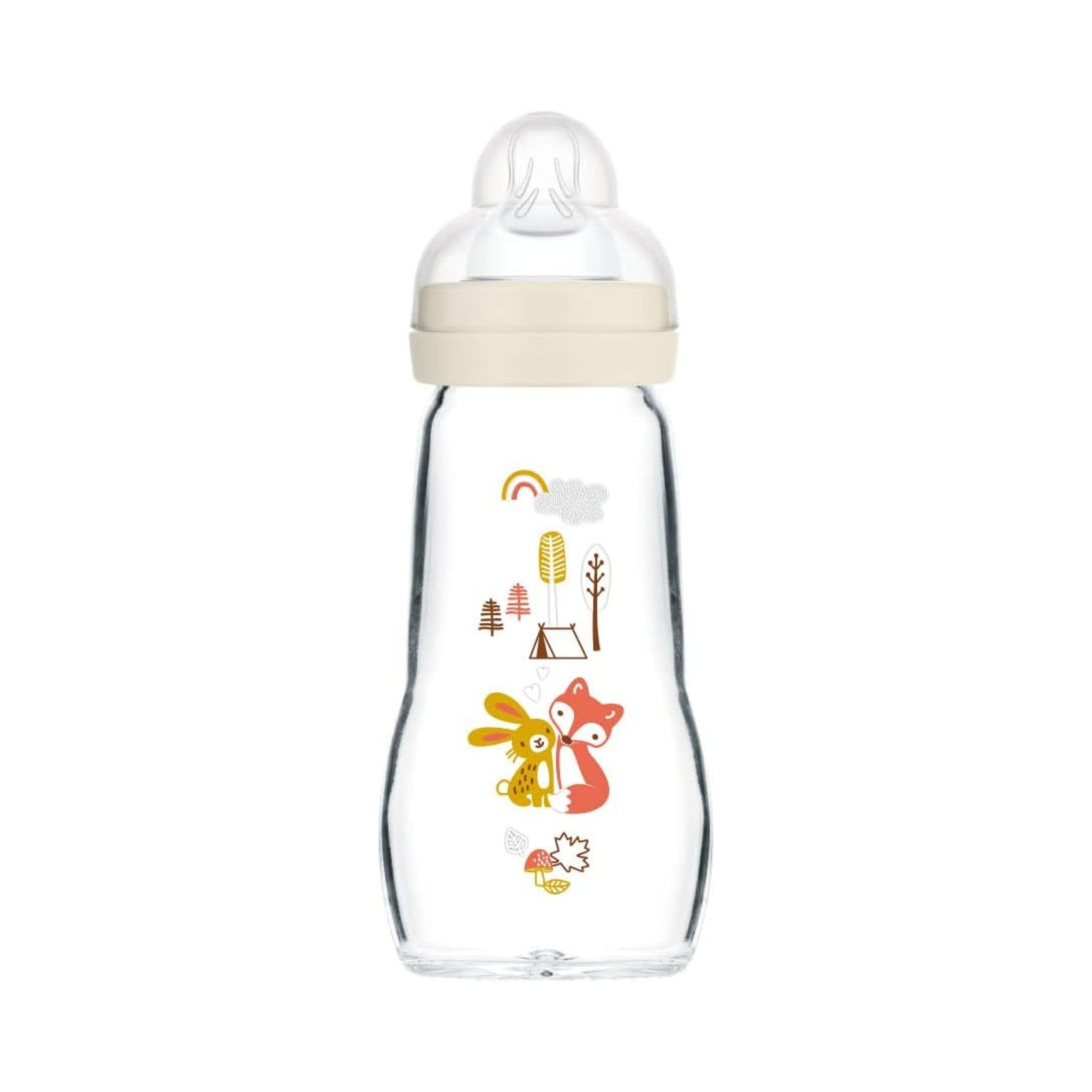 MAM Biberon Feel Good 260 ml, Biberon vetro pregiato resistente alle alte temperature, Accessori neonati ergonomici per uso quotidiano e allattamento misto con morbida tettarella misura 2, Neutro