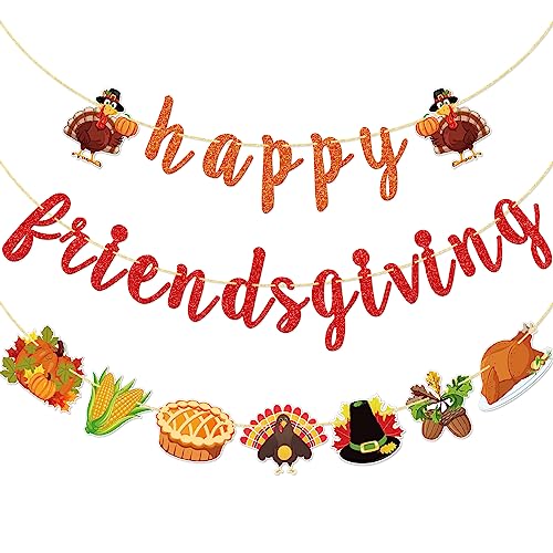 FOZEE Happy Friendsgiving Banner, Thanksgiving Friends Party Banner, Friendsgiving Turkey Decorations for Thanksgiving party, Fall Harvest Party, Orange and Brown Glitter