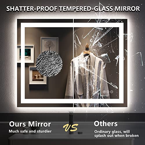 Image of 40x32 Inch LED Bathroom Mirror with Lights Front and Backlit Lighted Vanity Mirror for Bathroom Wall with 3 Colors Dimmable Anti-Fog Memory Shatter-Proof IP54 Waterproof Horizontal /Vertical