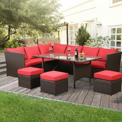 Image of DEVOKO 6 Pieces Patio Furniture, Outdoor Dinning Set HDPE Wicker Conversation Sofa Outside Couch with Table (Dark Brown and Red)