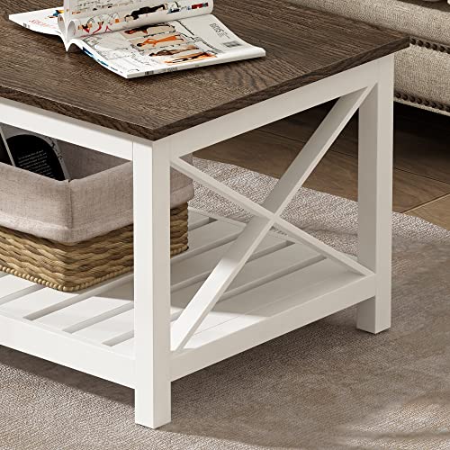 Choochoo Coffee Table, Rustic Farmhouse Table With Shelf For Living Room, Vintage Finish White #TOP4