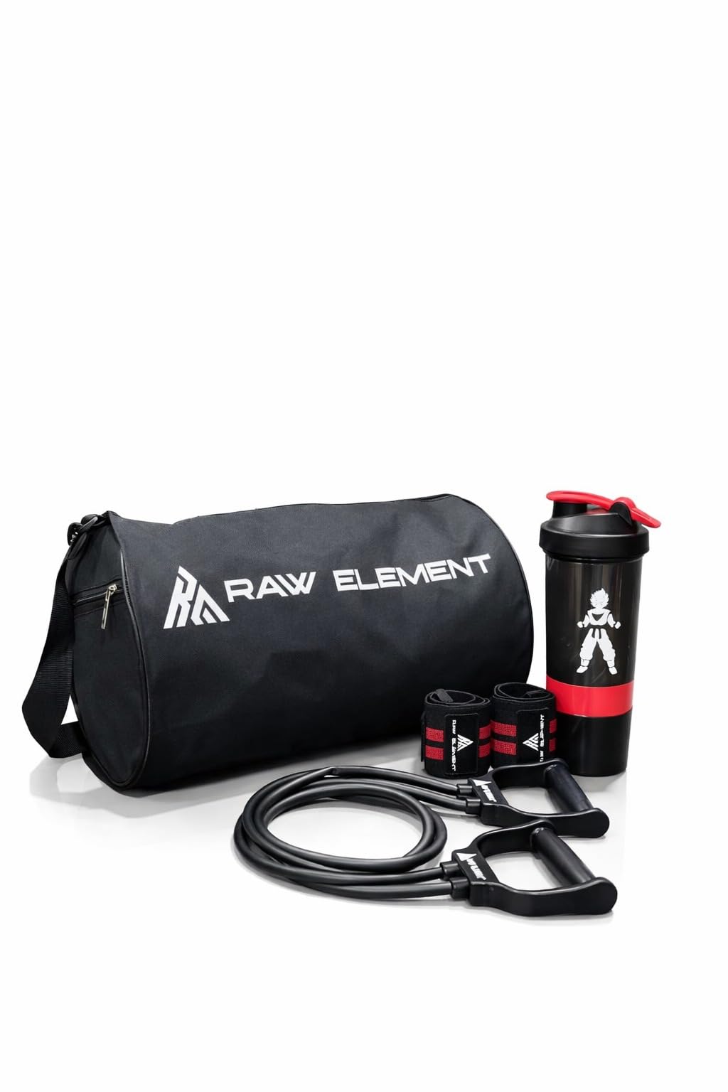 raw element Fitness Kit with Gym Duffel Bag, Resistance Tube, Wrist Wraps & 700ml Shaker Bottle | Home Workout & Strength Training Accessories (All Black)-picture-10