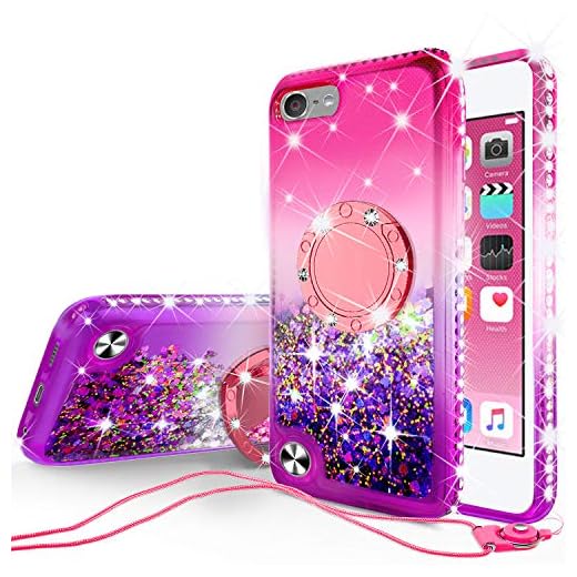 SOGA Rhinestone Liquid Float Quicksand Cover Cute Girl Phone Case Compatible for iPod Touch 5/iPod Touch 6 Case, with Embedded Metal Diamond Ring for Magnetic Car Mounts and Lanyard - Pink on Purple