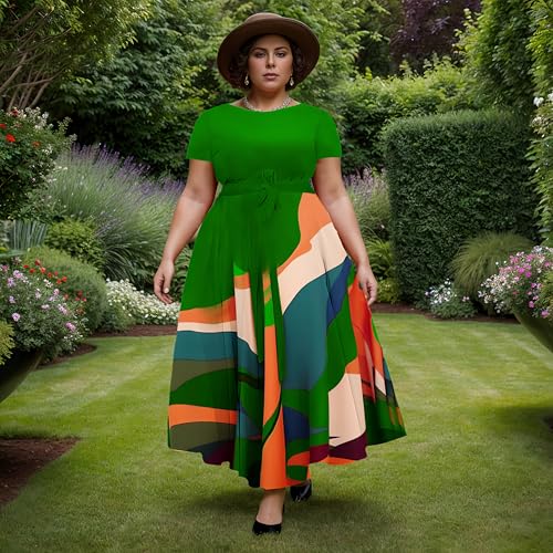 Image of Hostoyo Women Plus Size Formal A Line Maxi Dress Self Tie Waist with Pockets Elegant Round Neck Swing Long Dresses
