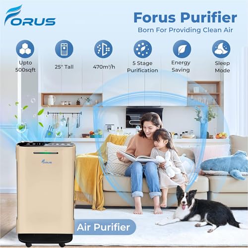Image of Forus Air Purifier for Home & Office, H13 HEPA 3-in-1 filter, Covers Up to 500 Sqft Area Removes 99.99% Pollutants, Allergens, Pet Dander, Smoke, Dust, virus & Pollens| PM 2.5 | 2-Year Warranty (GR)