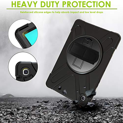 Kiq Shield Series Samsung Tab 10.1 Case Sm-T510/T515 Samsung Galaxy Tab A 10.1 Case 2019 Shockproof Rugged Cover 360 Kickstand, Hand Strap & Shoulder Strap For Galaxy Tab A 10.1 Inch - Black #TOP6