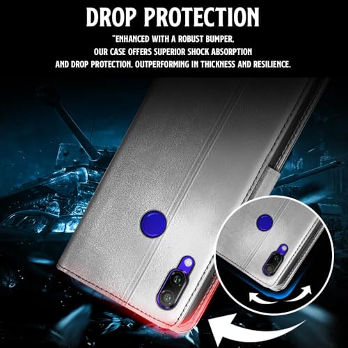 Image of WOW IMAGINE Shock Proof Flip Cover Back Case for Xiaomi Mi Redmi Note 7 | 7 Pro | 7S (Magnetic Button Flip Case | Wallet Pockets & Stand | Leather Finish | Stone Grey)