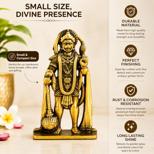 Image of Small Unique Blessing Hanuman Idol with Double-Sided Design|Bajrangbali Statue for Gifting|Premium Hanuman Ji Murti for Mandir,Desk,Home Decor.(Pack of 01)(3.5L*6H*1.5W cm) (Golden)