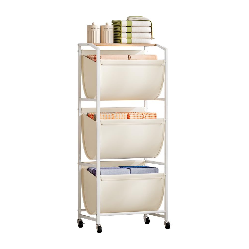 Cesto per biancheria sporca con ruote, organizer per la biancheria a 3 livelli con 3 sacchetti in tessuto rimovibili, classificatore per vestiti da 120 l, scaffale verticale salvaspazio per bagno