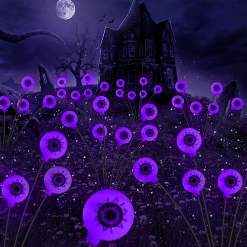 Halloween Solar Lights Outdoor Waterproof Solar Scary Eyeball Lights 2 Pack Green Eyeball Swaying Firefly Lights Solar Halloween Path Lights for Yard Garden Lawn Party Decor Purple