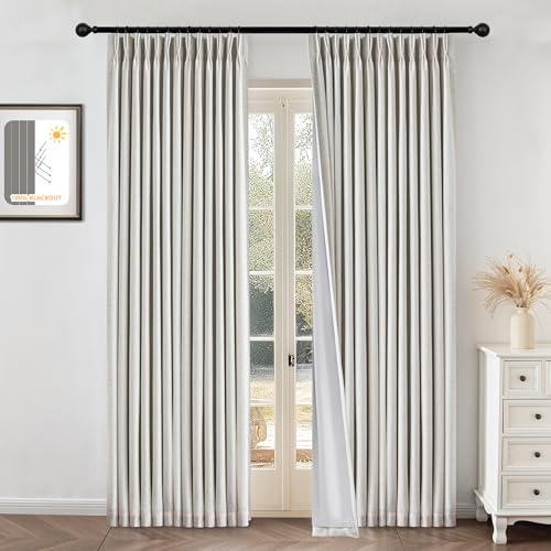 MYSKY HOME Linen Pinch Pleated Blackout Curtains 96 inches Long Linen 100% Room Darkening for Living Room Bedroom Thermal Insulated Light Block Window Drapes Width 40", 2 PCs
