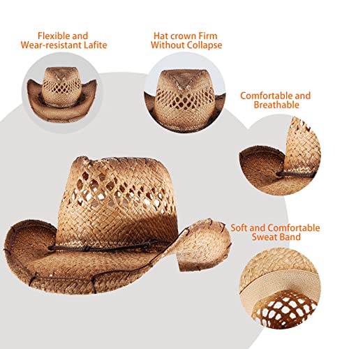 Image of Men's Cowboy Hats Summer Women Beach Cowgirl Hat Raffia Unisex Western Sun Hat