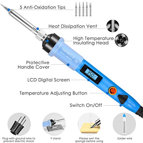 Electronics Soldering Iron Kit, 80W LCD Digital Soldering Gun with Adjustable Temperature Controlled and Fast Heating Ceramic Thermostatic Design, ON-Off Switch 20pcs Solder Kit and Welding Tool