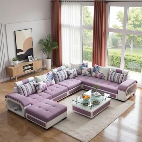 Image of Torque Silvester 12 Seater Sofa Set for Living Room (Purple) | Interchangeable U Shape Sectional Sofa | Solid Wood Frame & High-Density Supersoft Foam | Includes Puffy & Stool | Modern Home Furniture