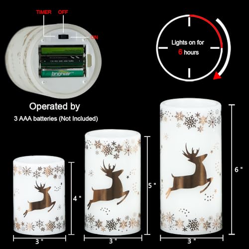 Image of Eldnacele Christmas Flickering Flameless Candles with 6 Hour Timer, Gold Deer Decal Battery Operated Real Wax LED Pillar Candles Home Tabletop Holiday Decor(3Pcs,3x4 /5 /6 Inches)