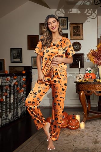 Image of Ekouaer Womens Satin Silky Pajama Set Short Sleeve Shirt with Long Pajama Pant Set Soft PJ Loungewear