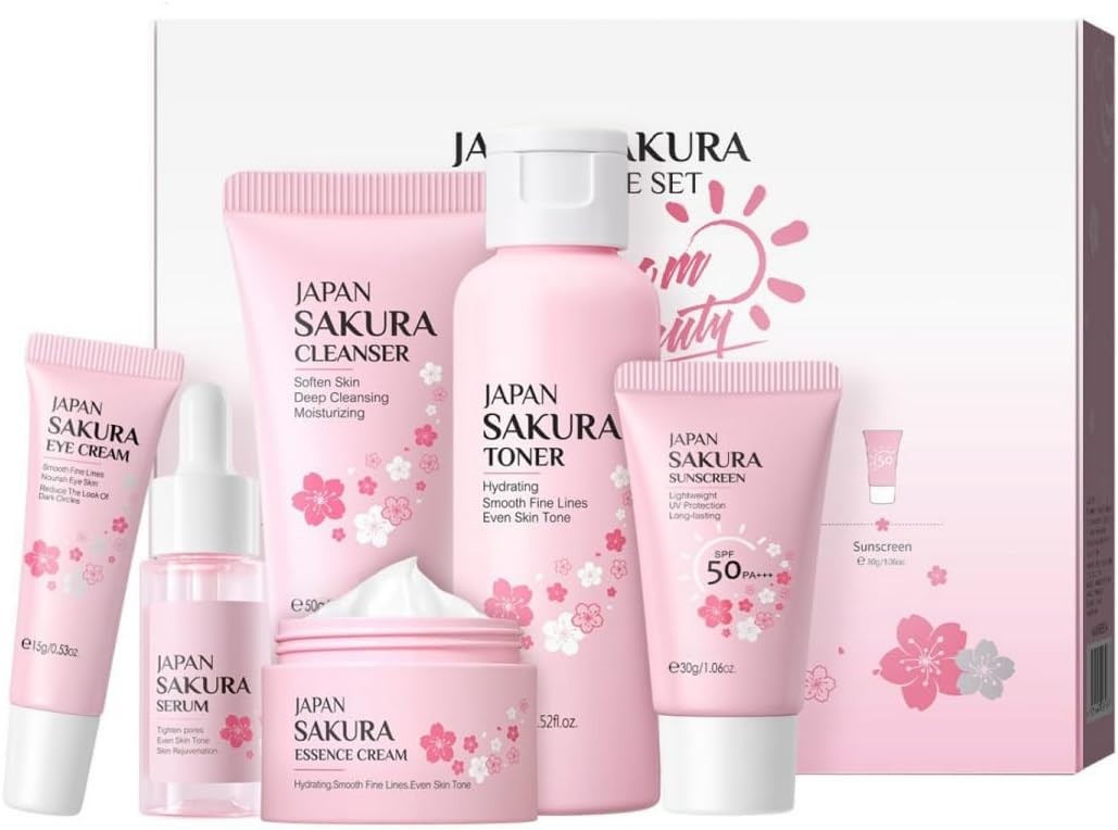 Skincare Complete Face Skincare Kit Face Moisturizing Nourishing and Oil Control Suitable for All Skin Types Ideal for Women Beauty Gift with Mini Size Travel Sakura 6pcs